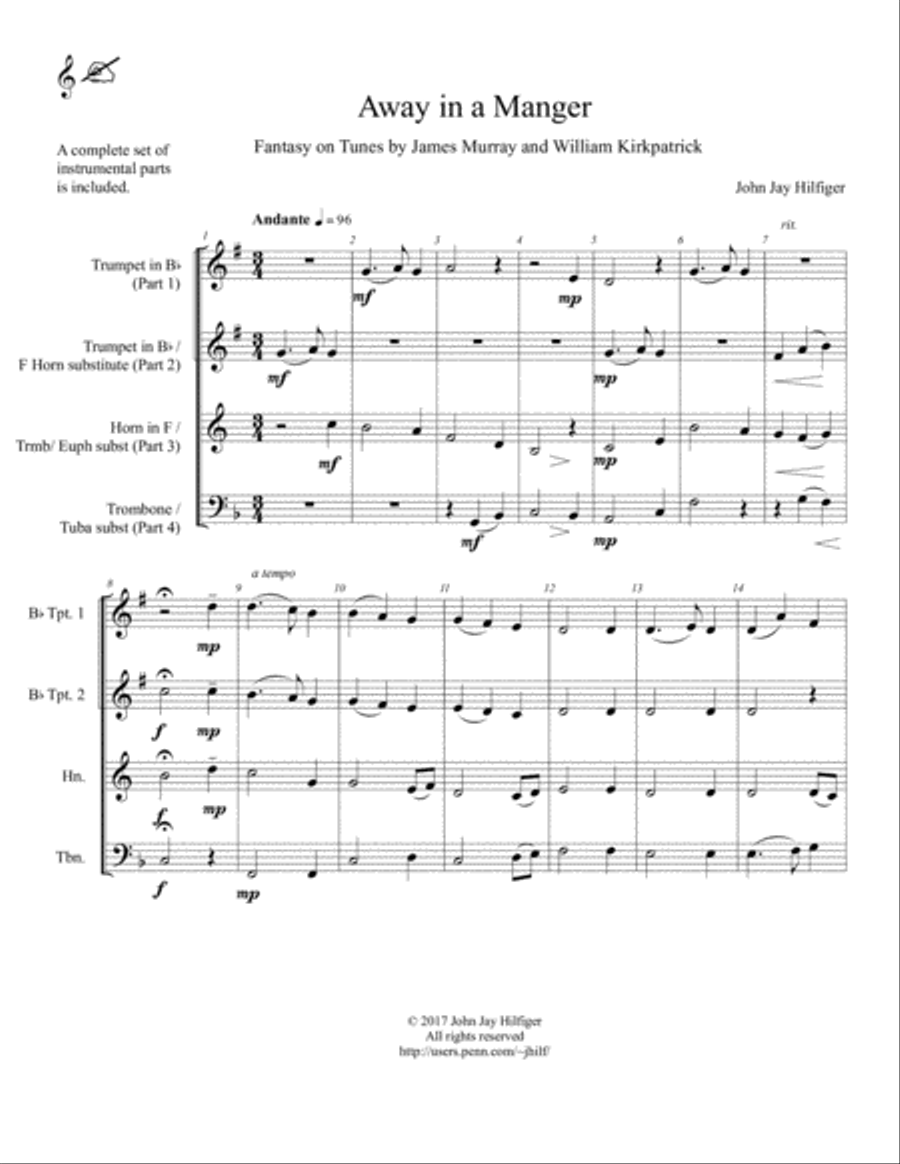 Away in a Manger: Fantasy on Tunes by James Murray and William Kirkpatrick (Brass Quartet) Brass Quartet scores gallery preview page 4