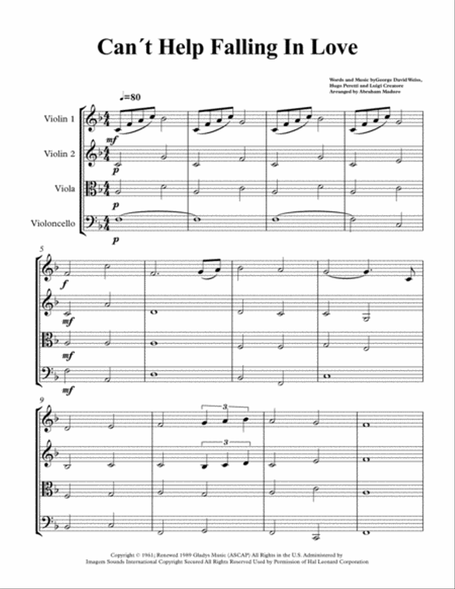 Can't Help Falling In Love String Quartet scores gallery preview page 1