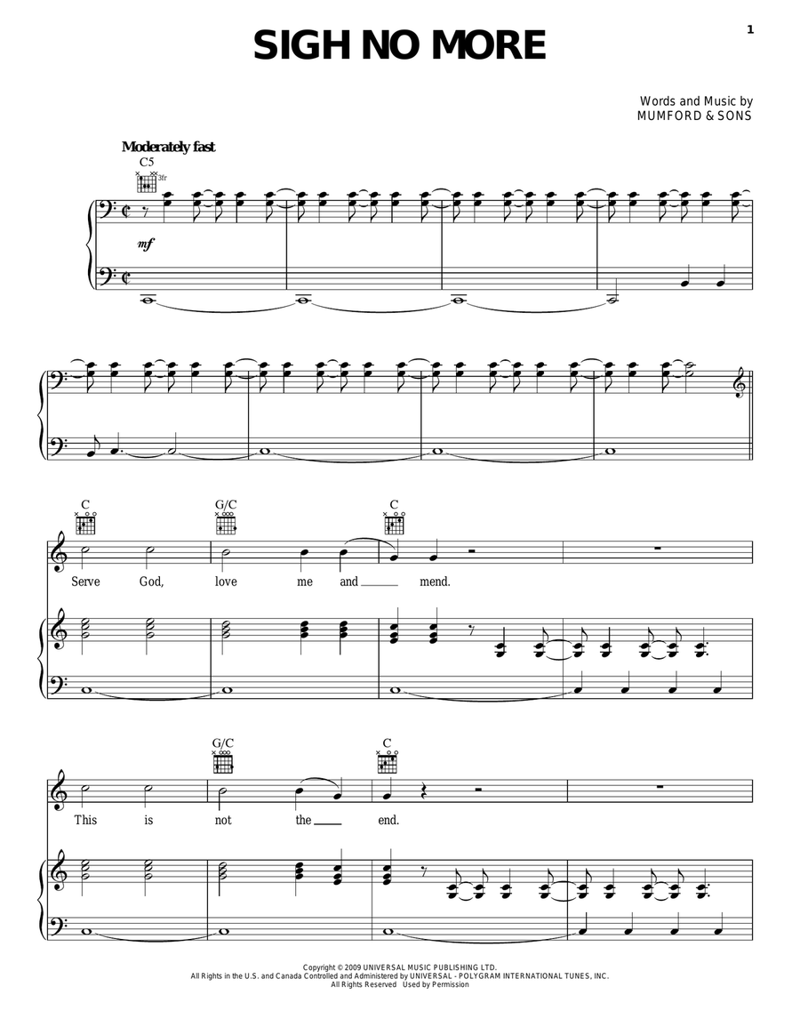 Sigh No More Piano, Vocal, Guitar scores gallery preview page 1