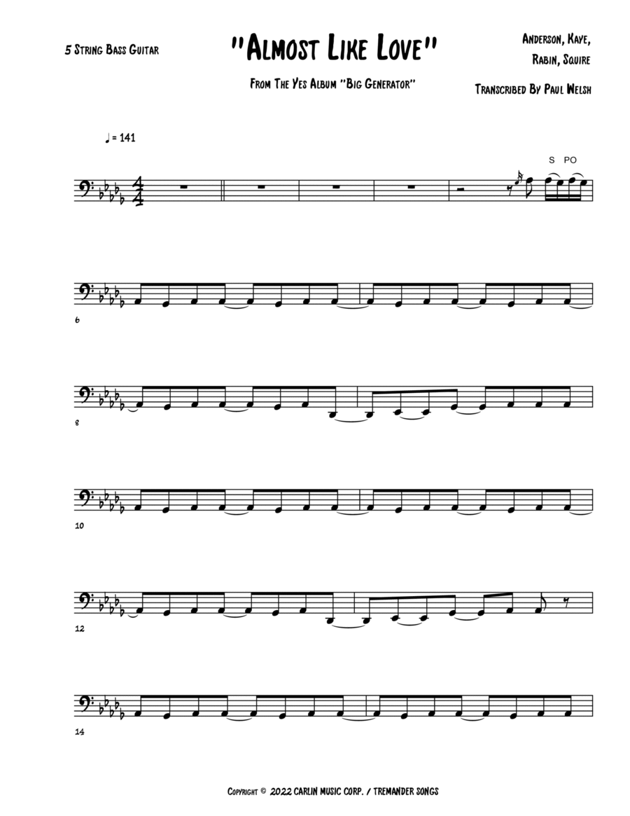 Almost Like Love Bass Guitar scores gallery preview page 1