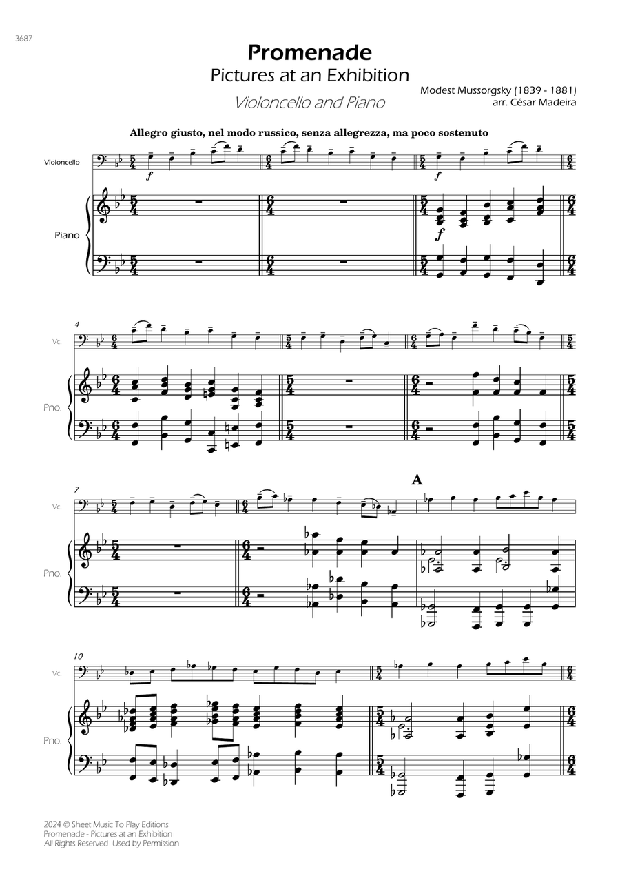 Pictures at an Exhibition - Promenade - Cello and Piano (Full Score) Piano scores gallery preview page 1