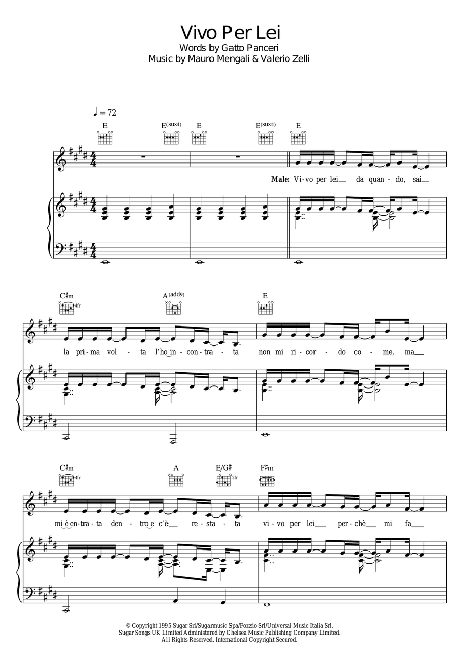 Vivo Per Lei Piano, Vocal, Guitar scores gallery preview page 1