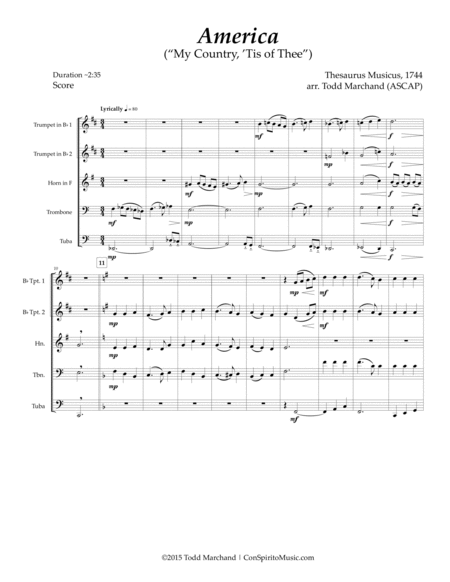 America (My Country, 'tis of Thee) - brass quintet image number null