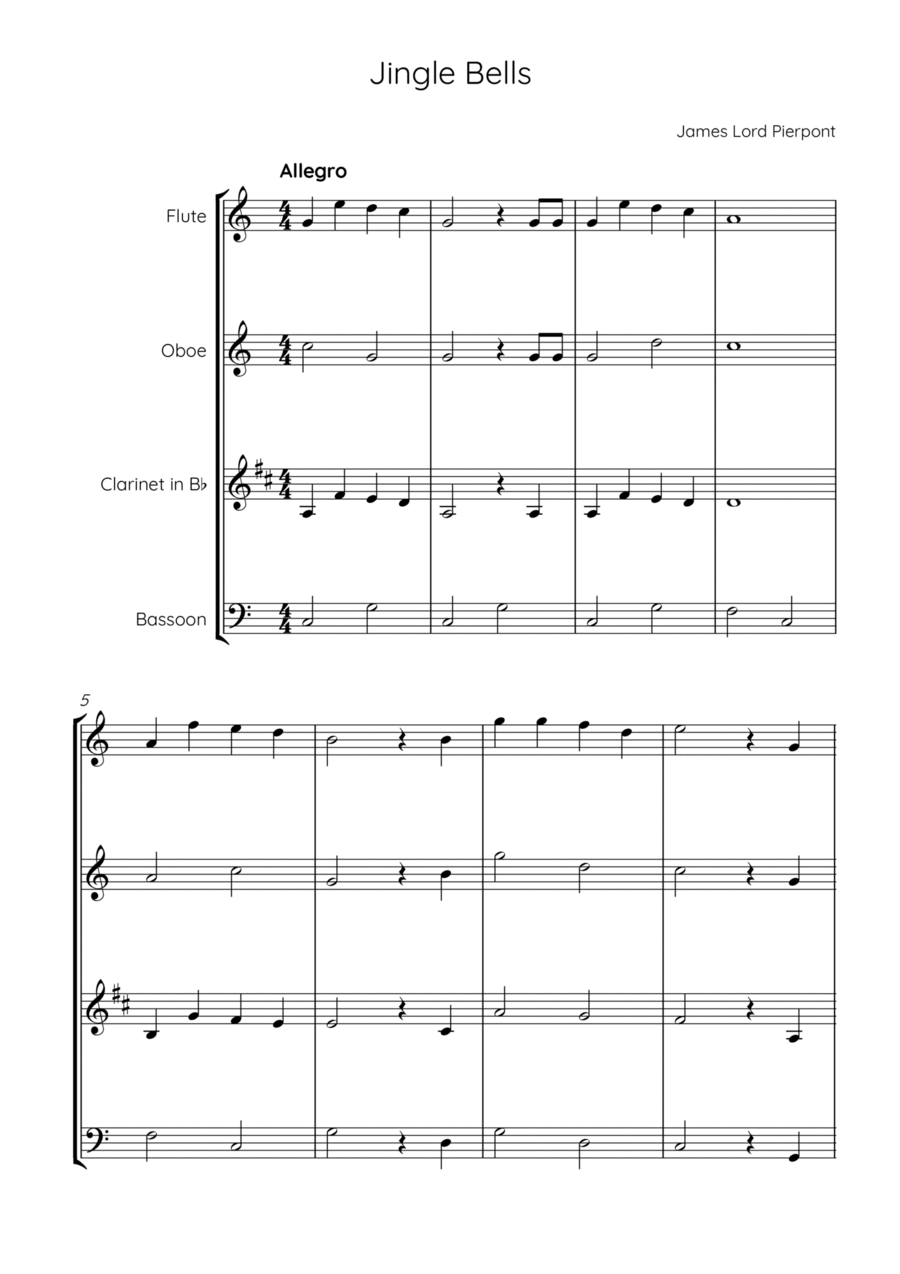 Jingle Bells Woodwind Quartet scores gallery preview page 1