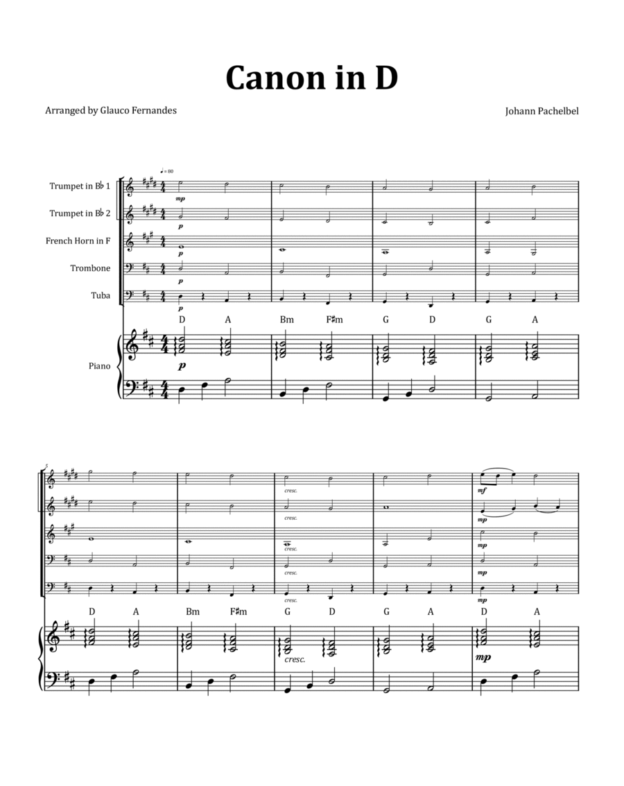 Canon by Pachelbel - Brass Quintet with Piano and Chord Notation image number null
