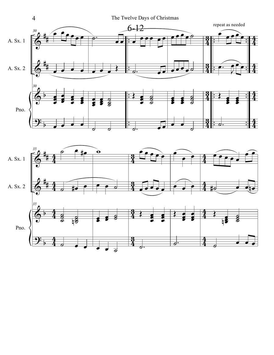 The Twelve Days of Christmas (Alto Sax Duet with Piano Accompaniment) Woodwind Duet scores gallery preview page 4