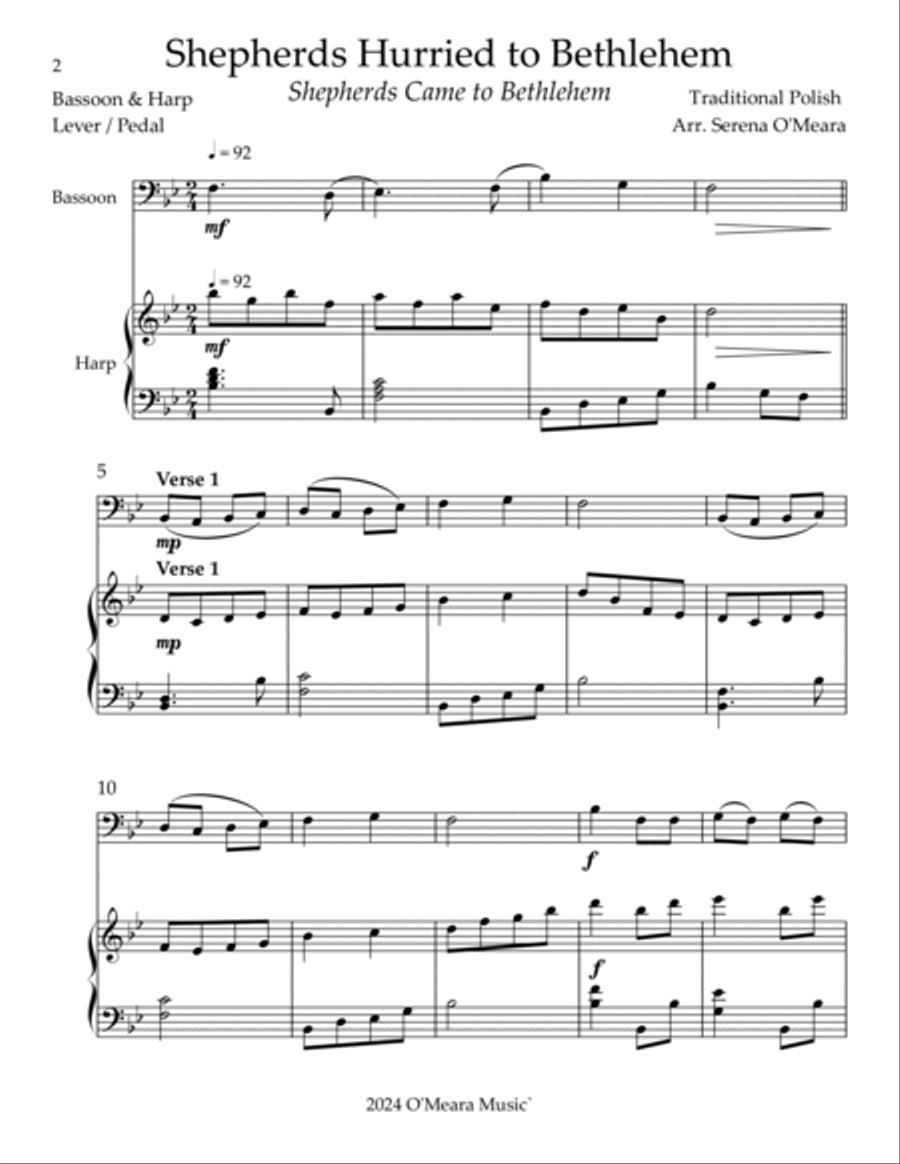 Shepherds Hurried to Bethlehem, Duet for Bassoon & Harp