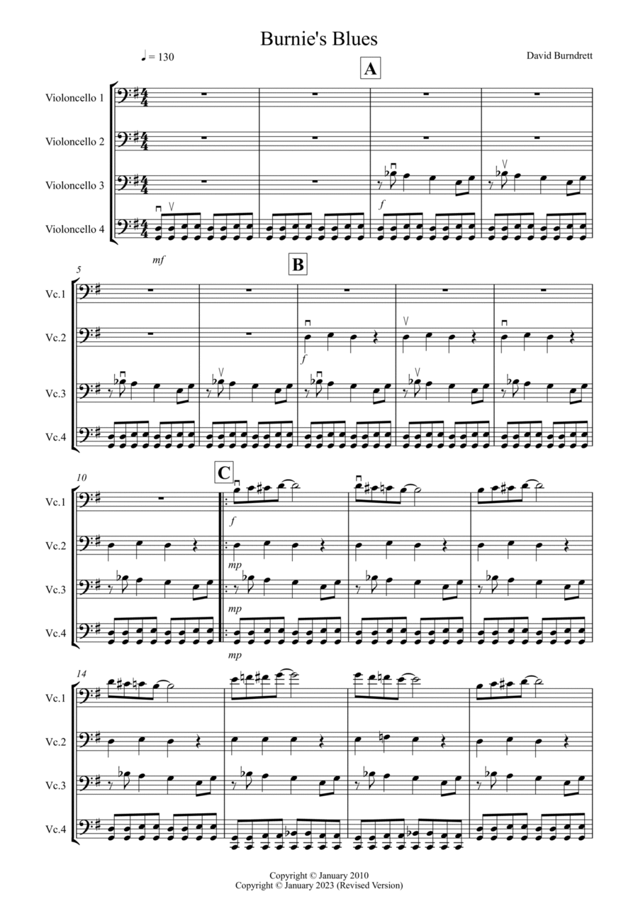 Burnie's Blues for Cello Quartet Cello Solo scores gallery preview page 1