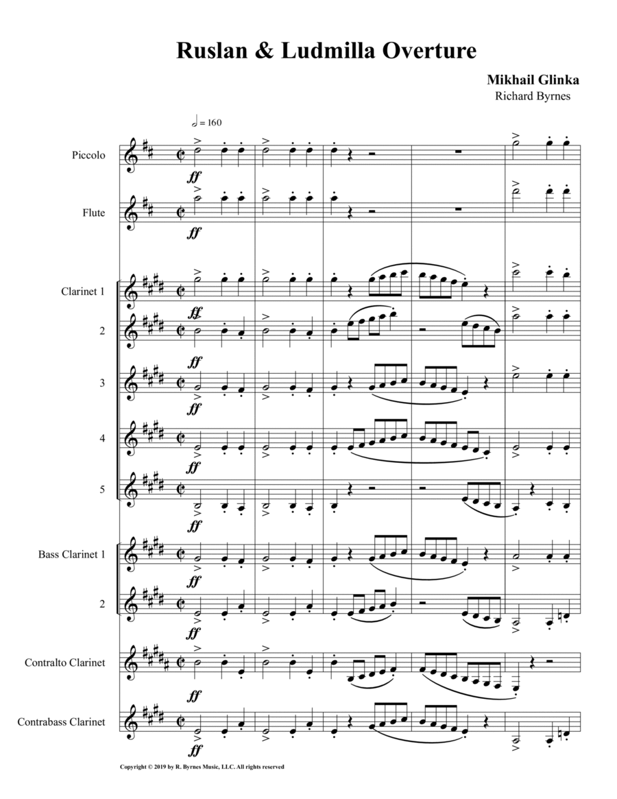Ruslan & Ludmilla Overture (Clarinet Nonet + Piccolo & Flute) Woodwind Ensemble scores gallery preview page 1