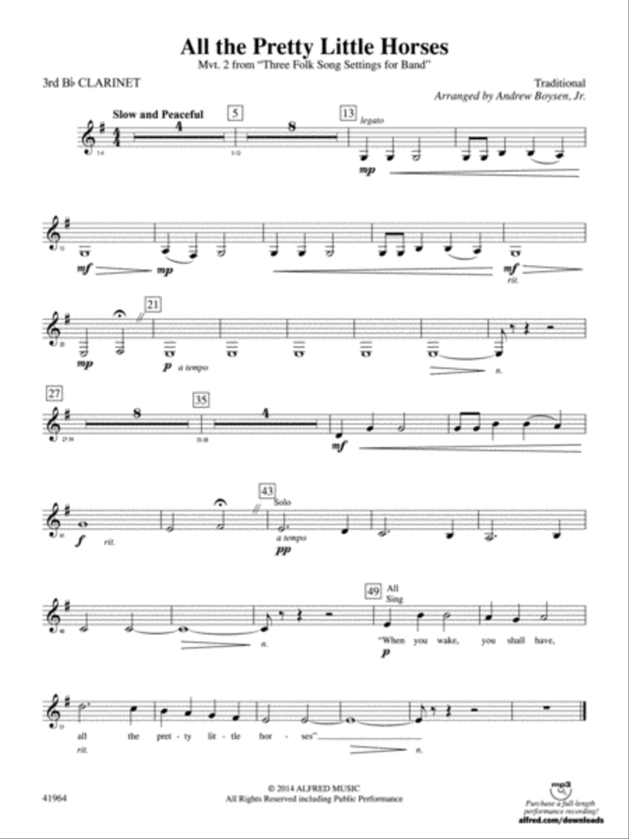 All the Pretty Little Horses: 3rd B-flat Clarinet Concert Band scores gallery preview page 1