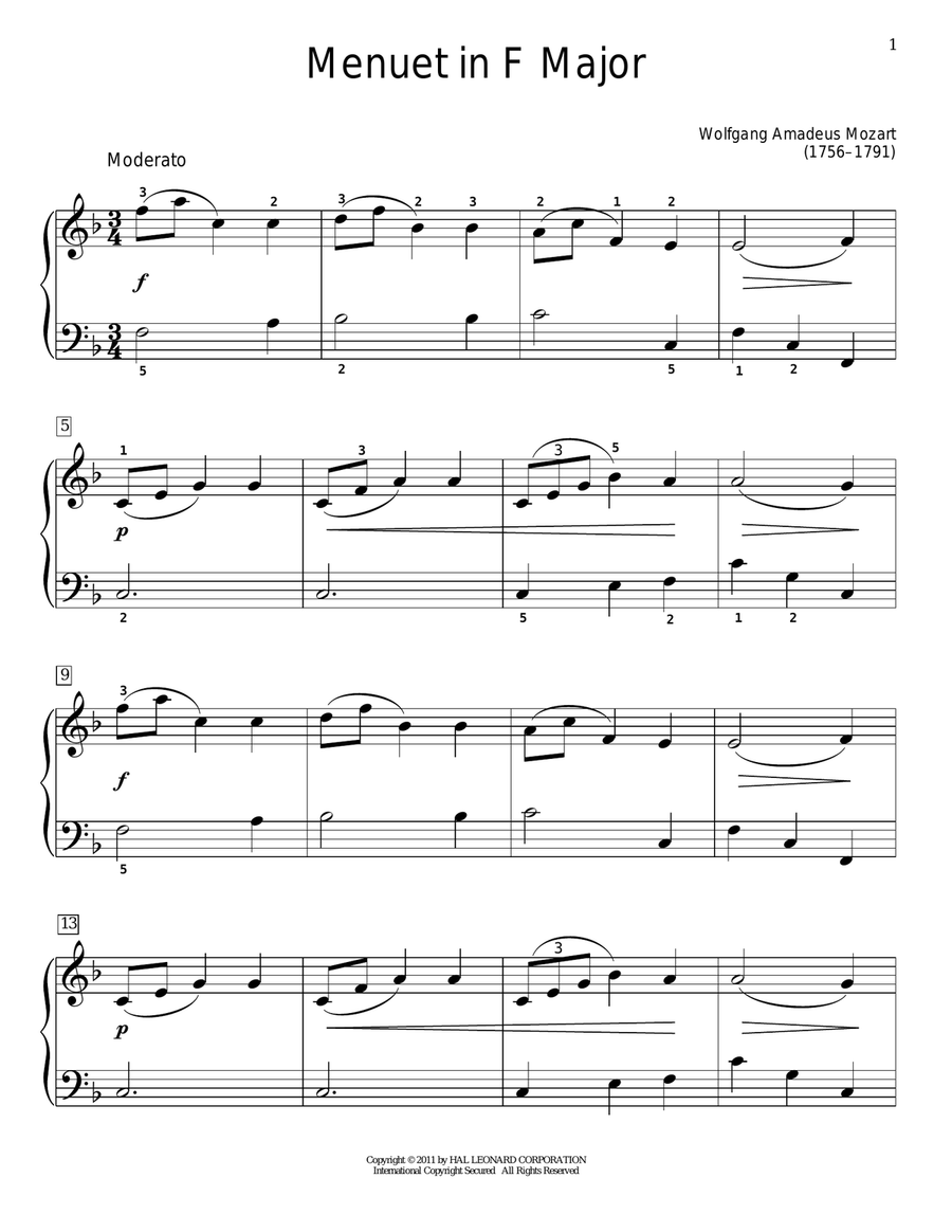 Minuet in F Major, K.2 Minuet in F Major, K.2 Piano Method scores gallery preview page 1