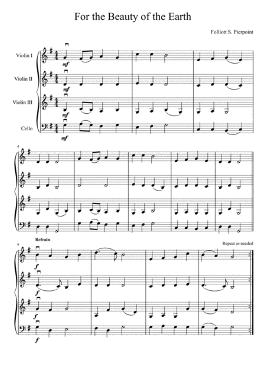 For the Beauty of the Earth (three violins and cello) String Quartet scores gallery preview page 2