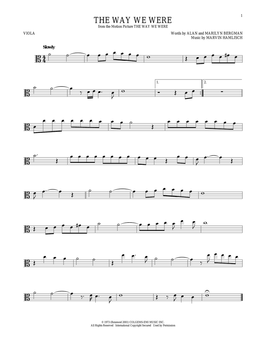 The Way We Were Viola Solo scores gallery preview page 1