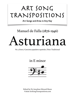 Book cover for DE FALLA: Asturiana (transposed to E minor, bass clef)