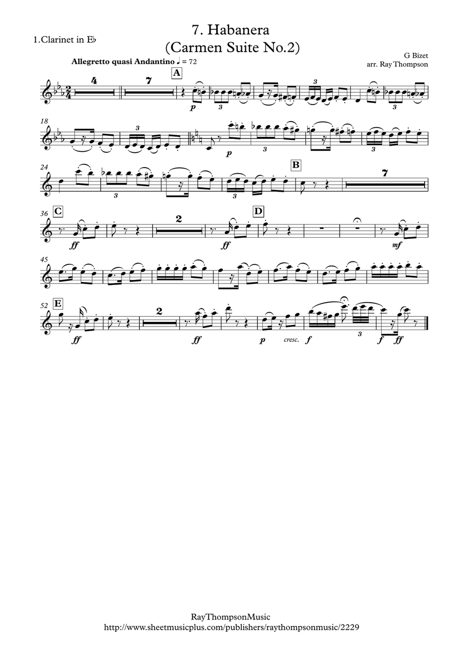 Bizet: Habanera (Carmen Suite No.2) - clarinet quintet Clarinet Quintet scores gallery preview page 4