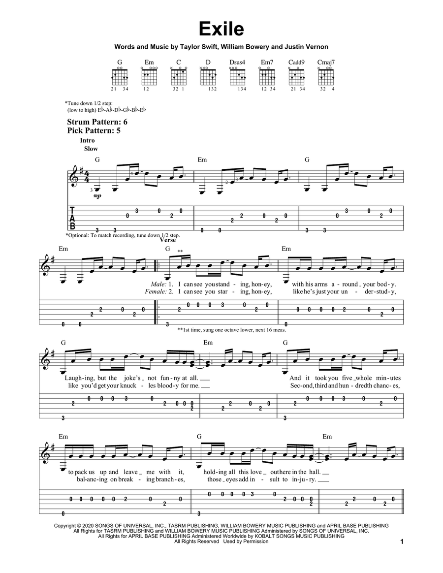 exile (feat. Bon Iver) Acoustic Guitar scores gallery preview page 1