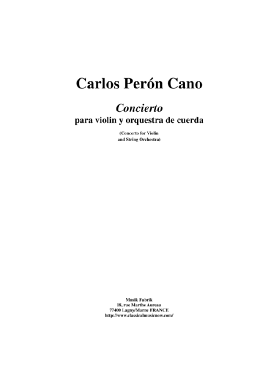 Carlos Perón Cano: Concierto para violin y orquestra de cuerda (Concerto for violin and string orche String Orchestra scores gallery preview page 1