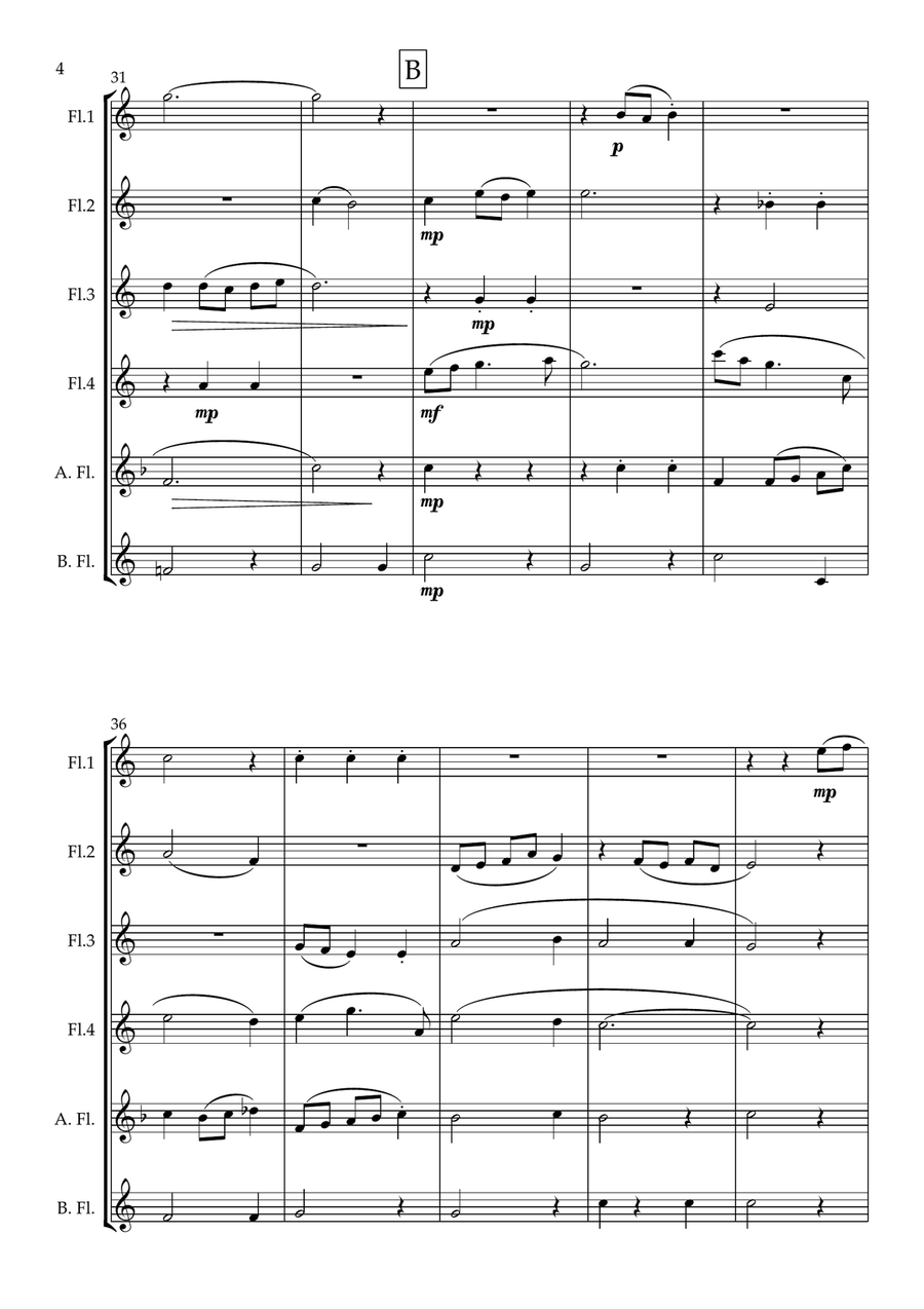 Christmas Waltz. Original for Flute Choir. Early Intermediate. Flute Choir scores gallery preview page 5