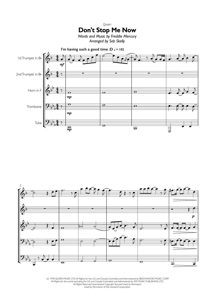 Don't Stop Me Now Brass Ensemble scores gallery preview page 1