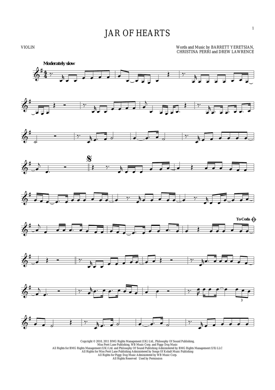 Jar Of Hearts Violin Solo scores gallery preview page 1