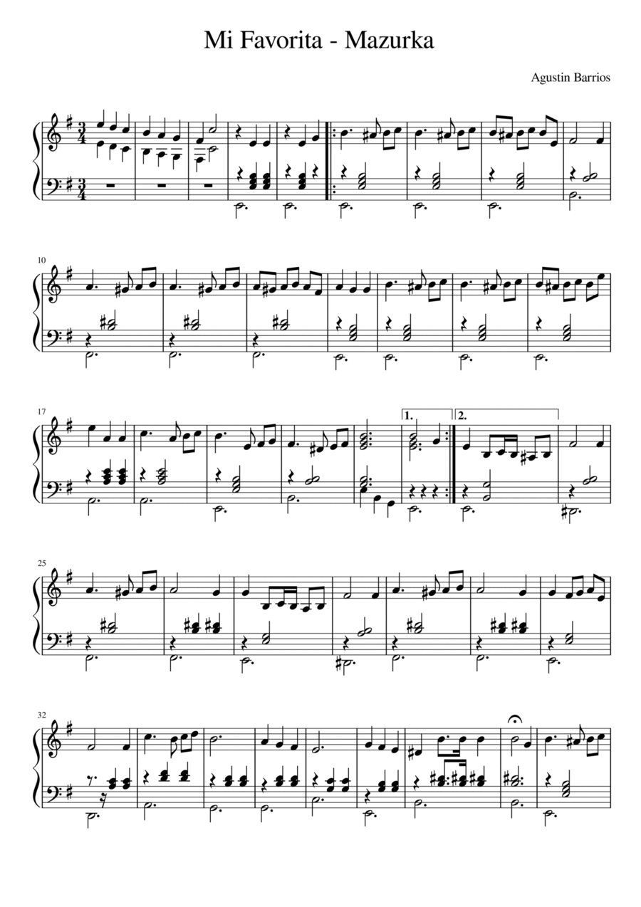 Mi Favorita - Barrios - Mazurka - For Piano Piano Solo scores gallery preview page 1