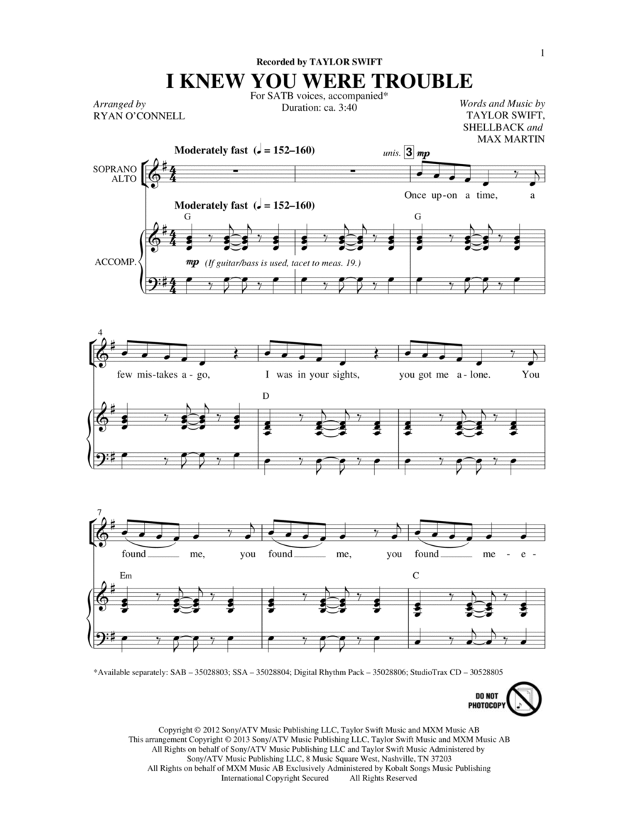I Knew You Were Trouble 4-Part scores gallery preview page 1