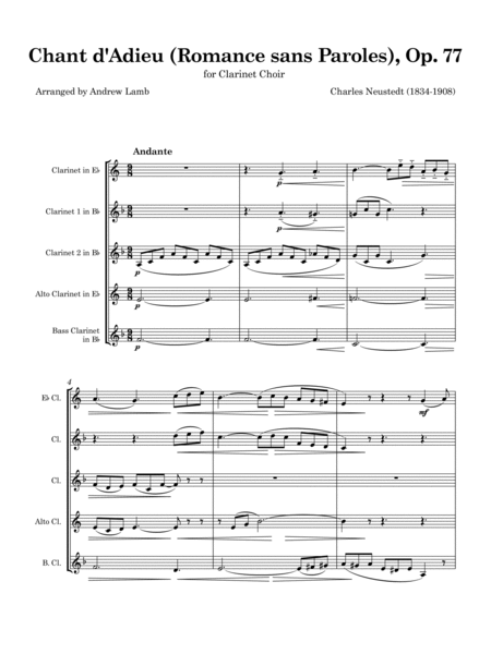 Chant d’Adieu (Romance sans Paroles), Op. 77 [by Charles Neudtedt, arr for Clarinet Choir] image number null