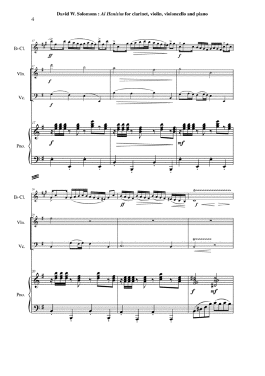 David Warin Solomons: Al Hanisim : A Chanukkah Celebration for Bb clarinet, violin, cello and piano Small Ensemble scores gallery preview page 4