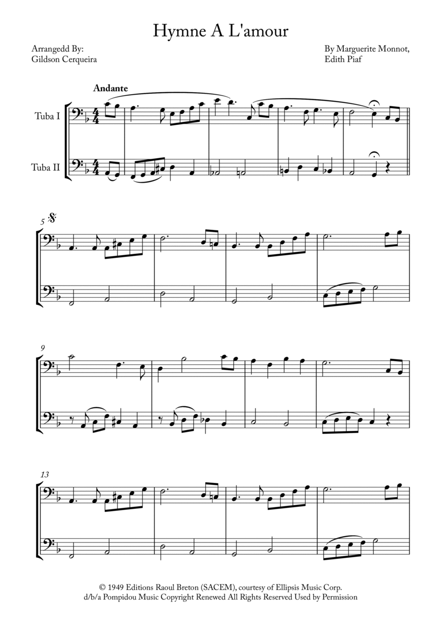 Hymne A L'amour Brass Duet scores gallery preview page 1