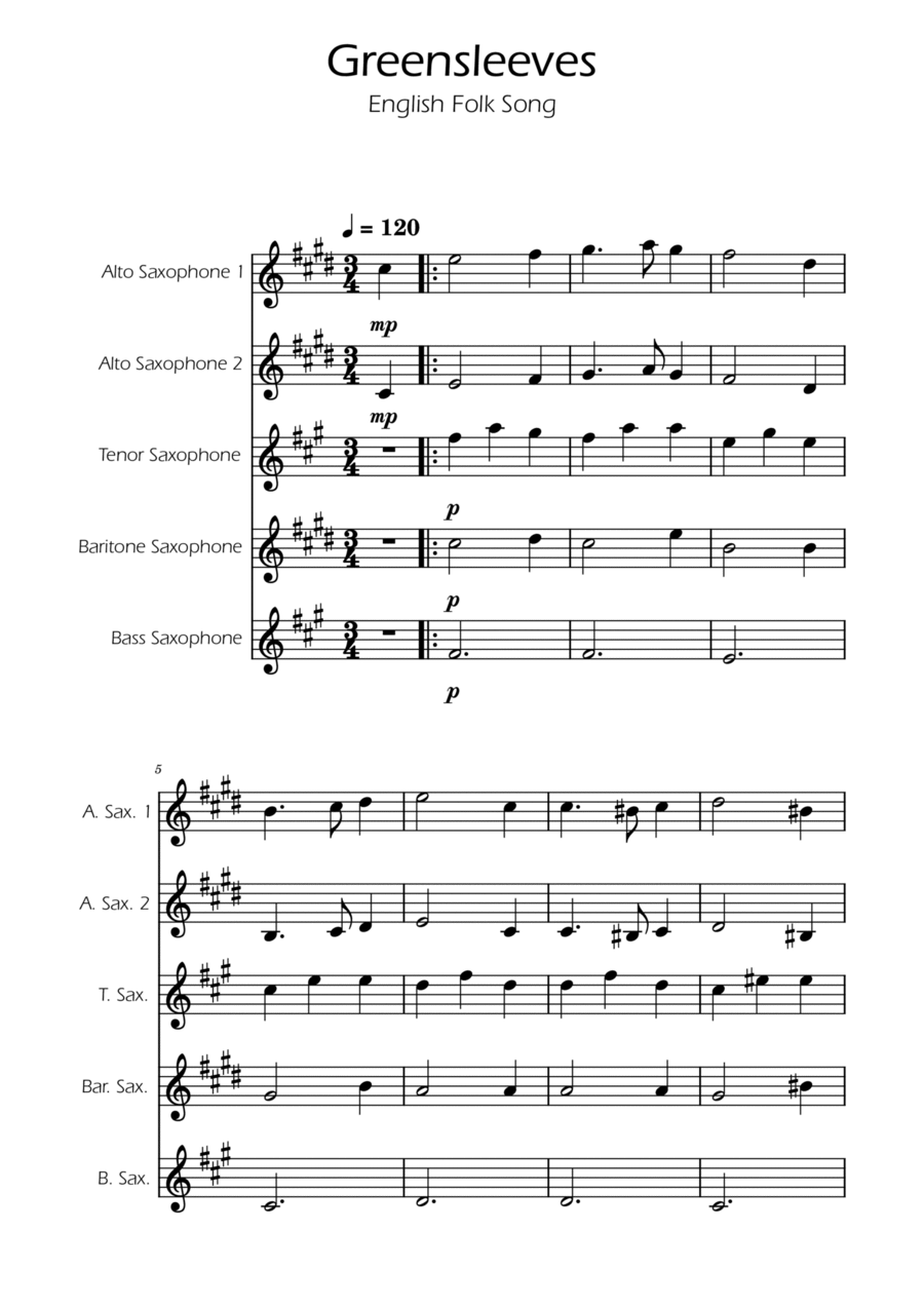 Greensleeves - Sax Quintet AATB Saxophone Quintet scores gallery preview page 1