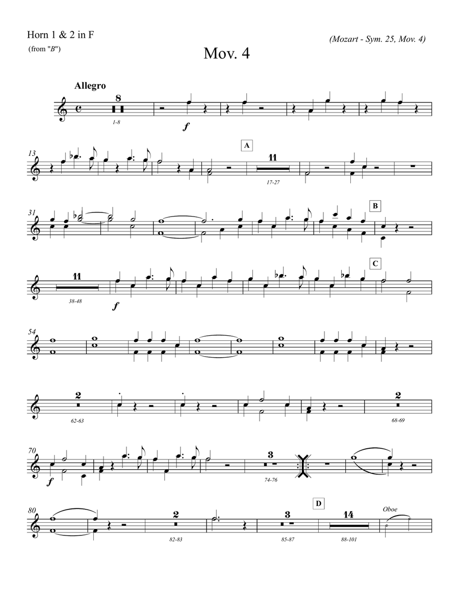 Mozart - Symphony No. 25 in G minor - transposed parts for Horn in F (Hn. 1, 2, 3, 4) Full Orchestra scores gallery preview page 4