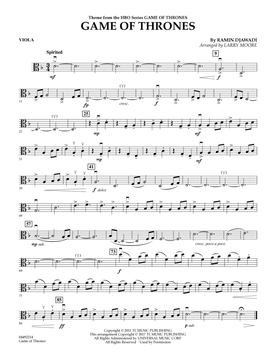 Game of Thrones (arr. Larry Moore) - Viola String Quartet scores gallery preview page 1