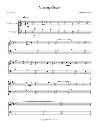 Jonh Newton Amazing Grace Easy Trumpet and Cello Sheet Music C major