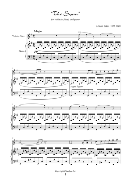 The Swan (NEW EDITION) transcription for violin (or flute) and piano