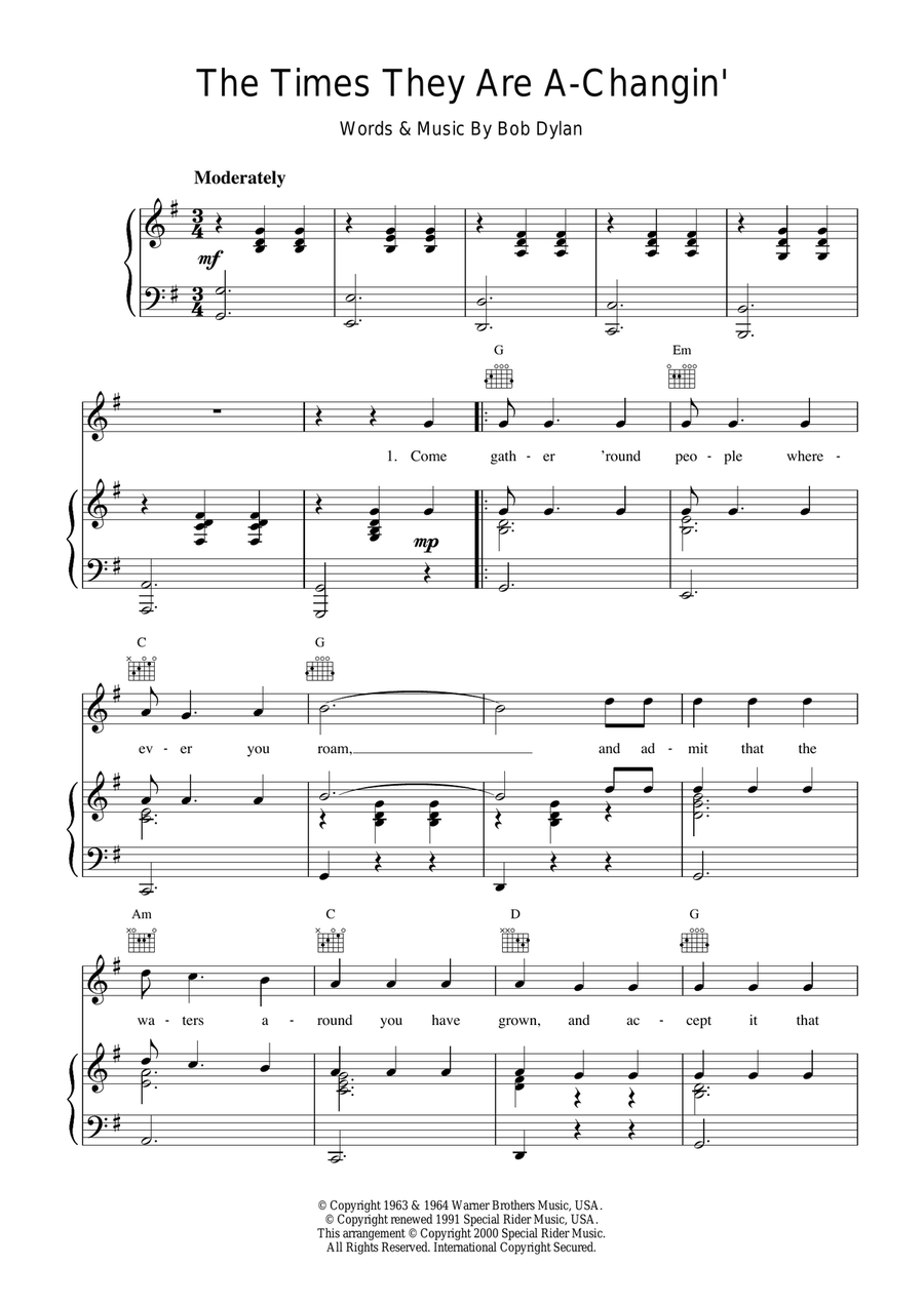 The Times They Are A-Changin' Piano, Vocal, Guitar scores gallery preview page 1