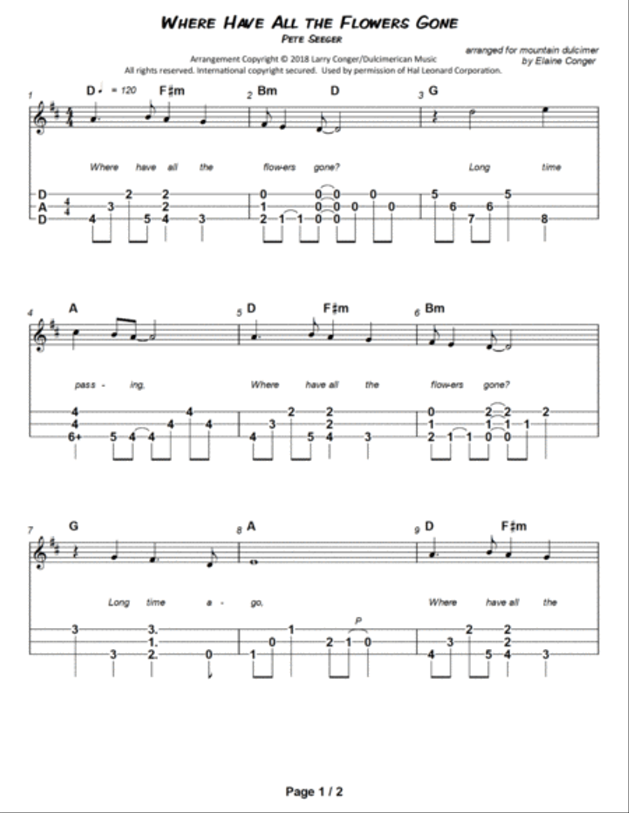 Where Have All The Flowers Gone? Dulcimer scores gallery preview page 2