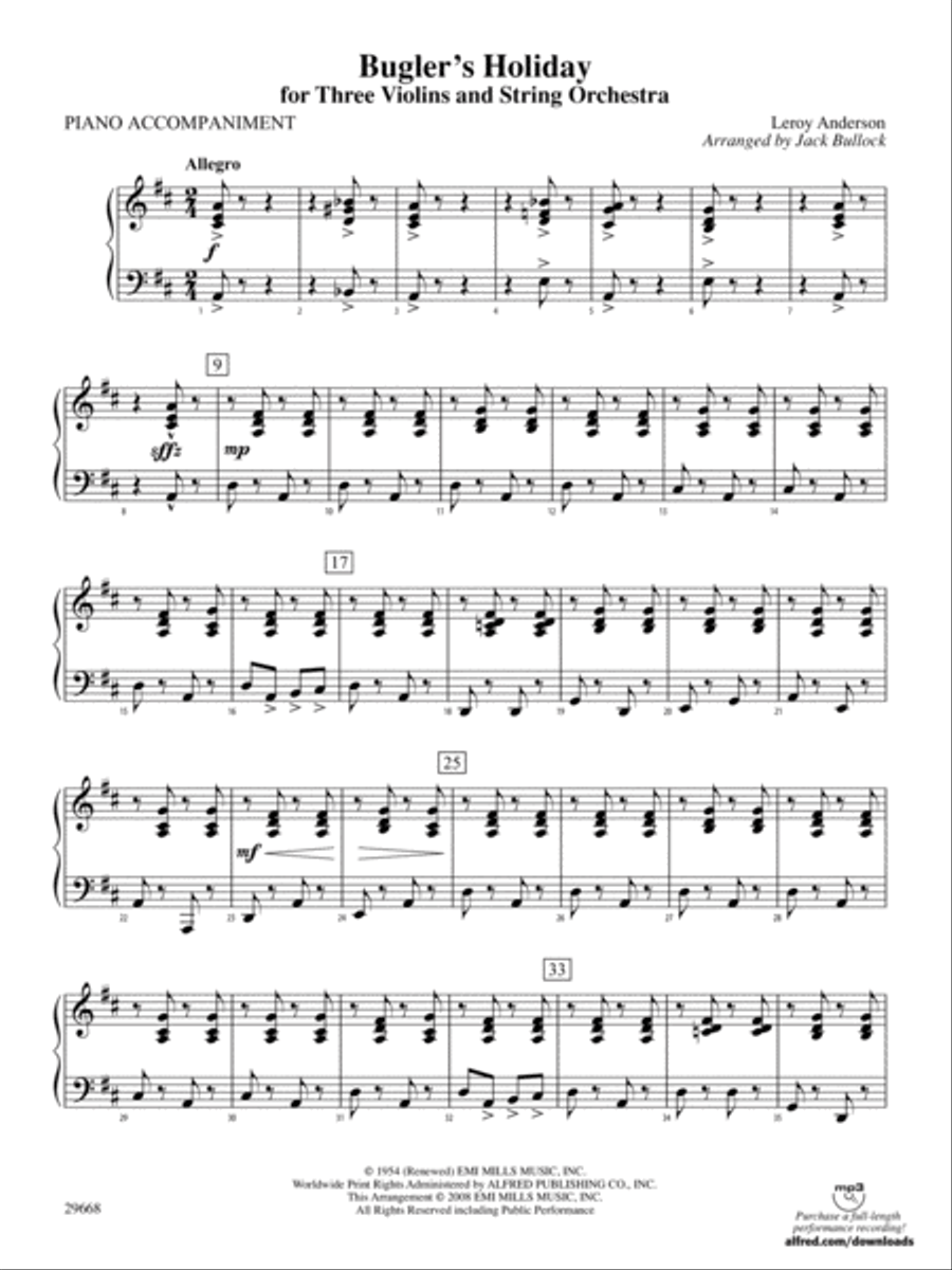 Bugler's Holiday for Three Violins and String Orchestra: Piano Accompaniment Orchestra scores gallery preview page 1