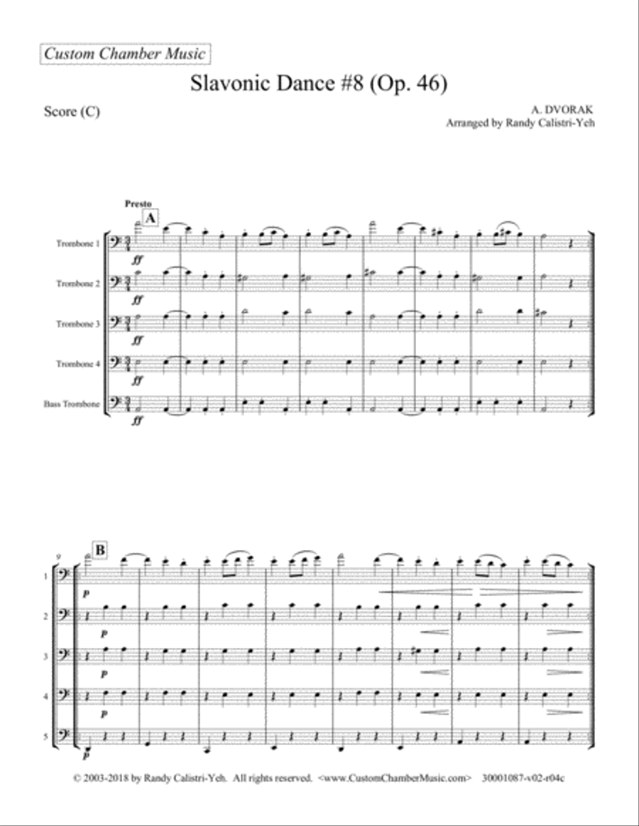 Dvorak Slavonic Dance #8 (French horn quintet or trombone quintet) Brass Quintet scores gallery preview page 2