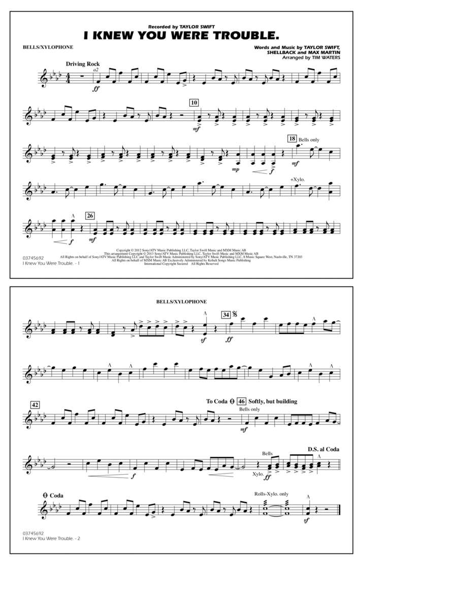 I Knew You Were Trouble - Bells/Xylophone Marching Band scores gallery preview page 1