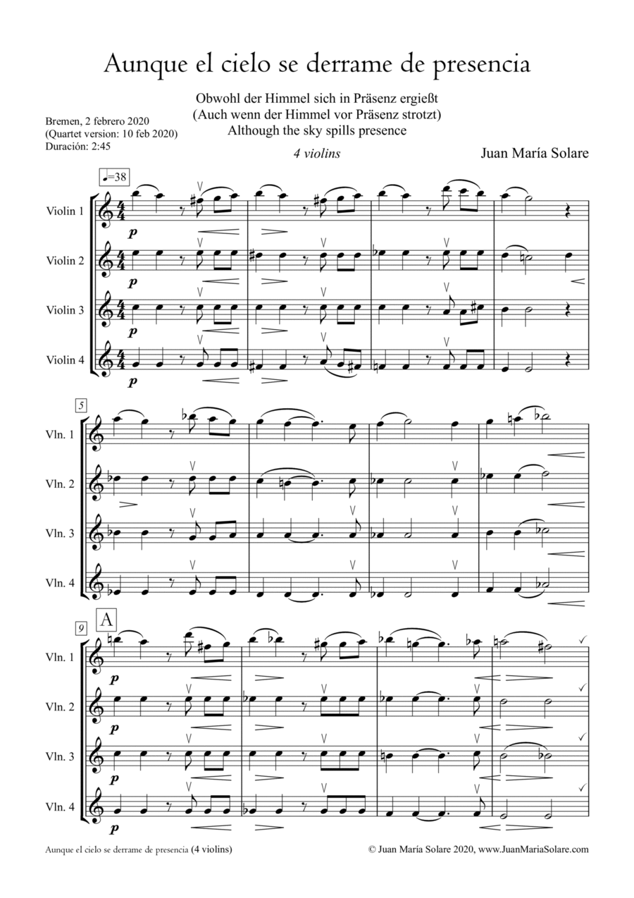Aunque el cielo se derrame de presencia [4 violins] String Quartet scores gallery preview page 1