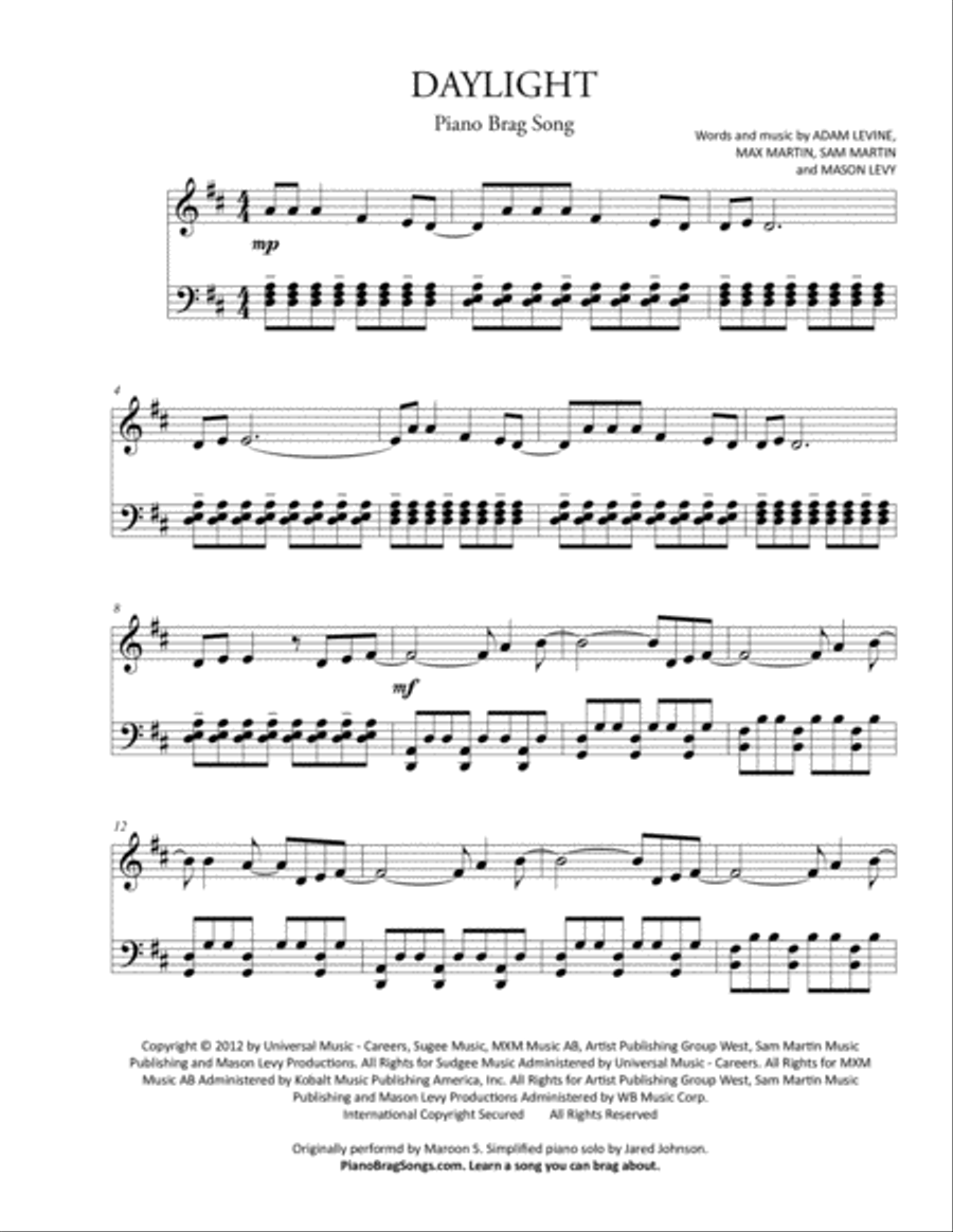 Daylight Piano Solo scores gallery preview page 1
