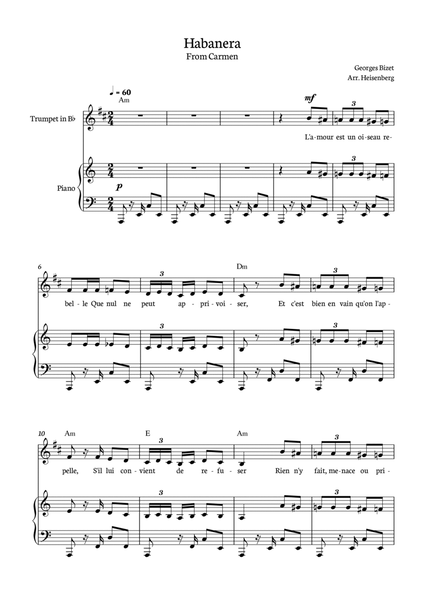 Habanera from Carmen for Trumpet with piano and chords. image number null