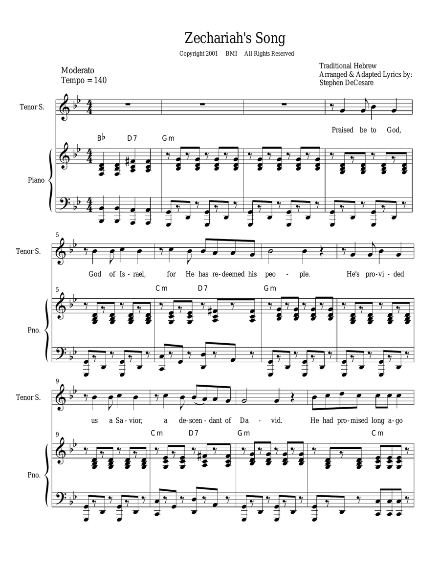 Zechariah's Song (Tenor solo and 2-part choir) 2-Part scores gallery preview page 1