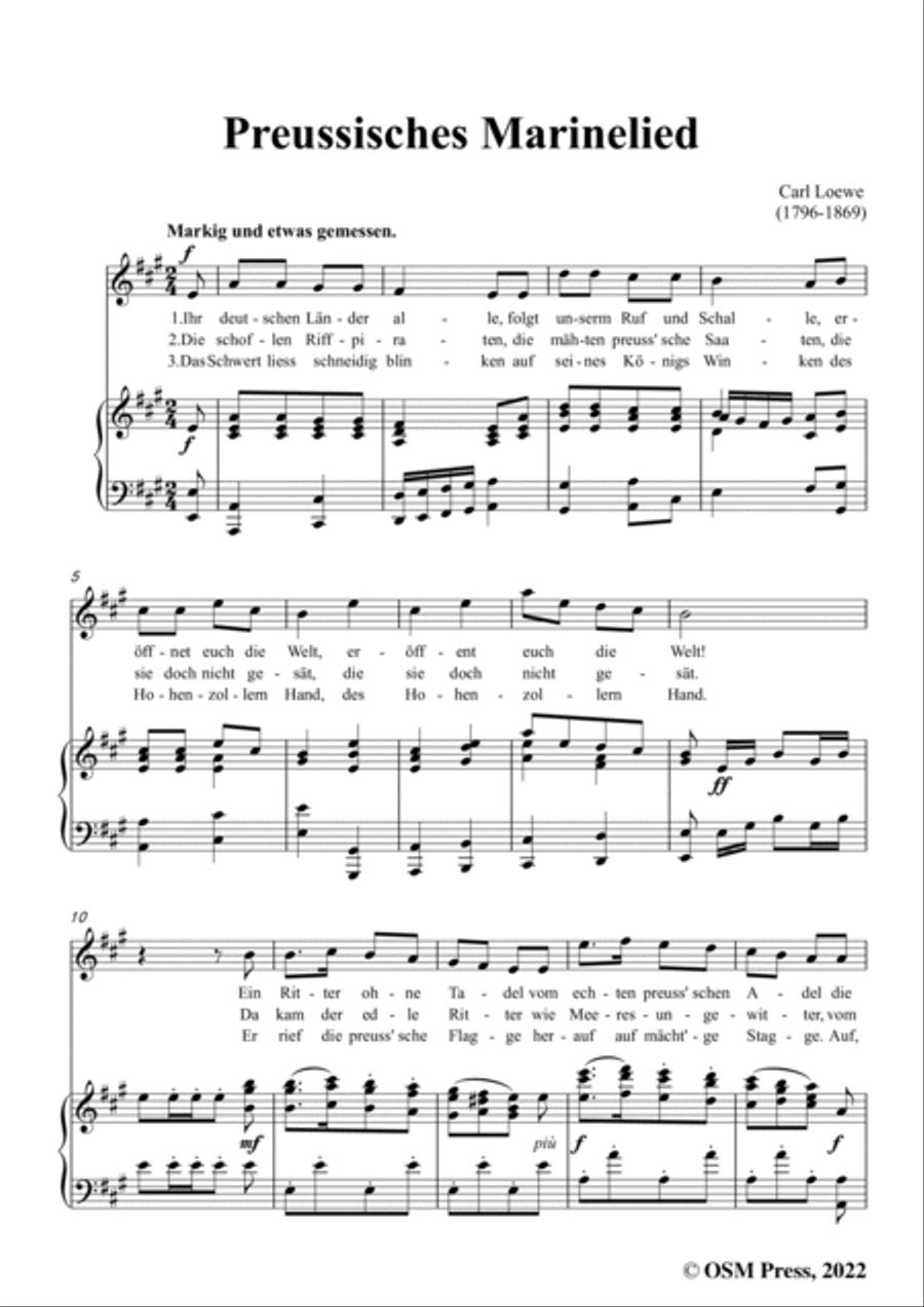 Loewe-Preussisches Marinelied,in A Major,for Voice and Piano Voice Solo scores gallery preview page 3