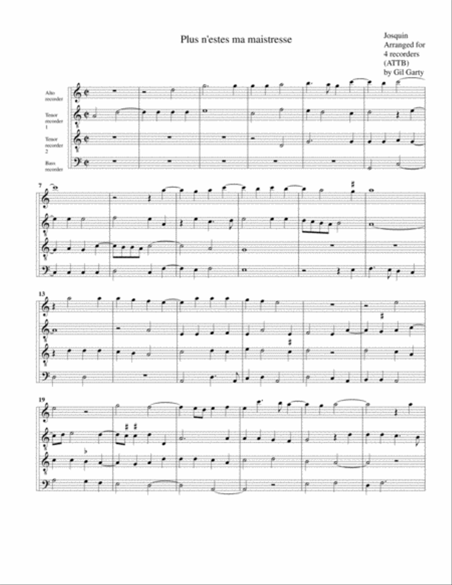 Plus n'estes ma maistresse (arrangement for 4 recorders) Recorder scores gallery preview page 1
