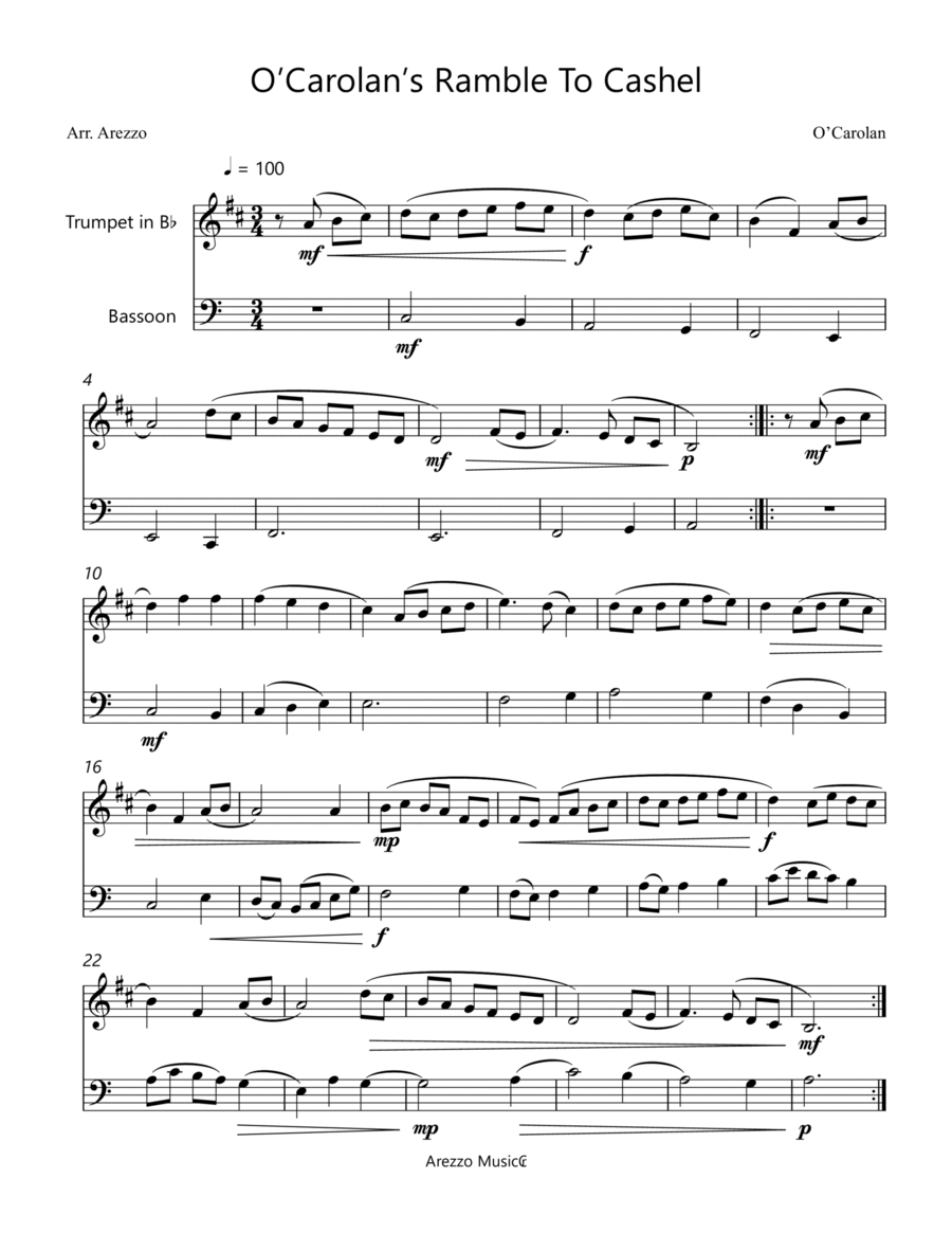 o'carolan ramble to cashel - trumpet and bassoon sheet music turlough'o carolan Chamber Music scores gallery preview page 1