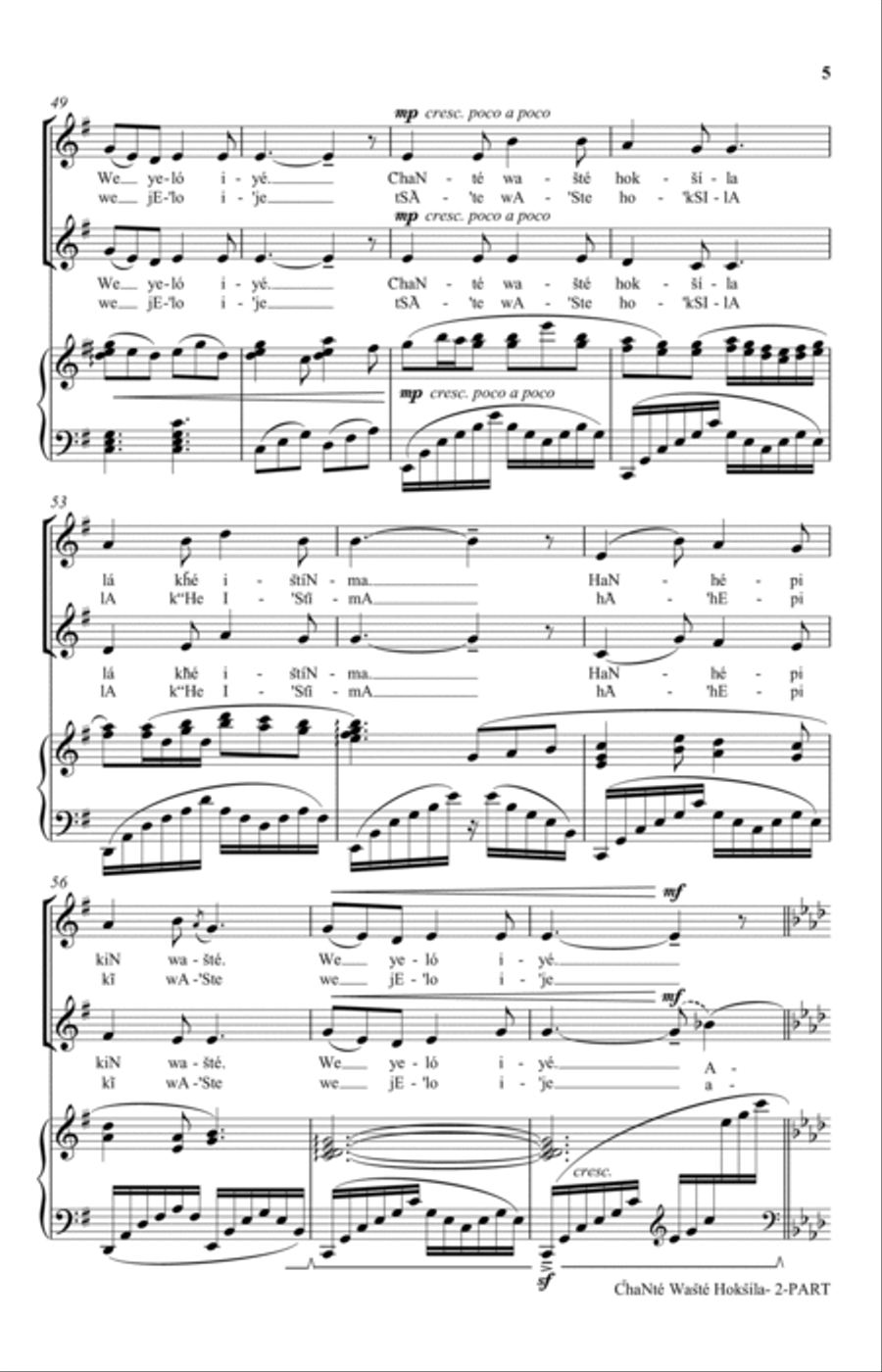 Chante Waste Hoksila (My Kind-Hearted Boy) (arr. Linthicum-Blackhorse) 2-Part scores gallery preview page 5