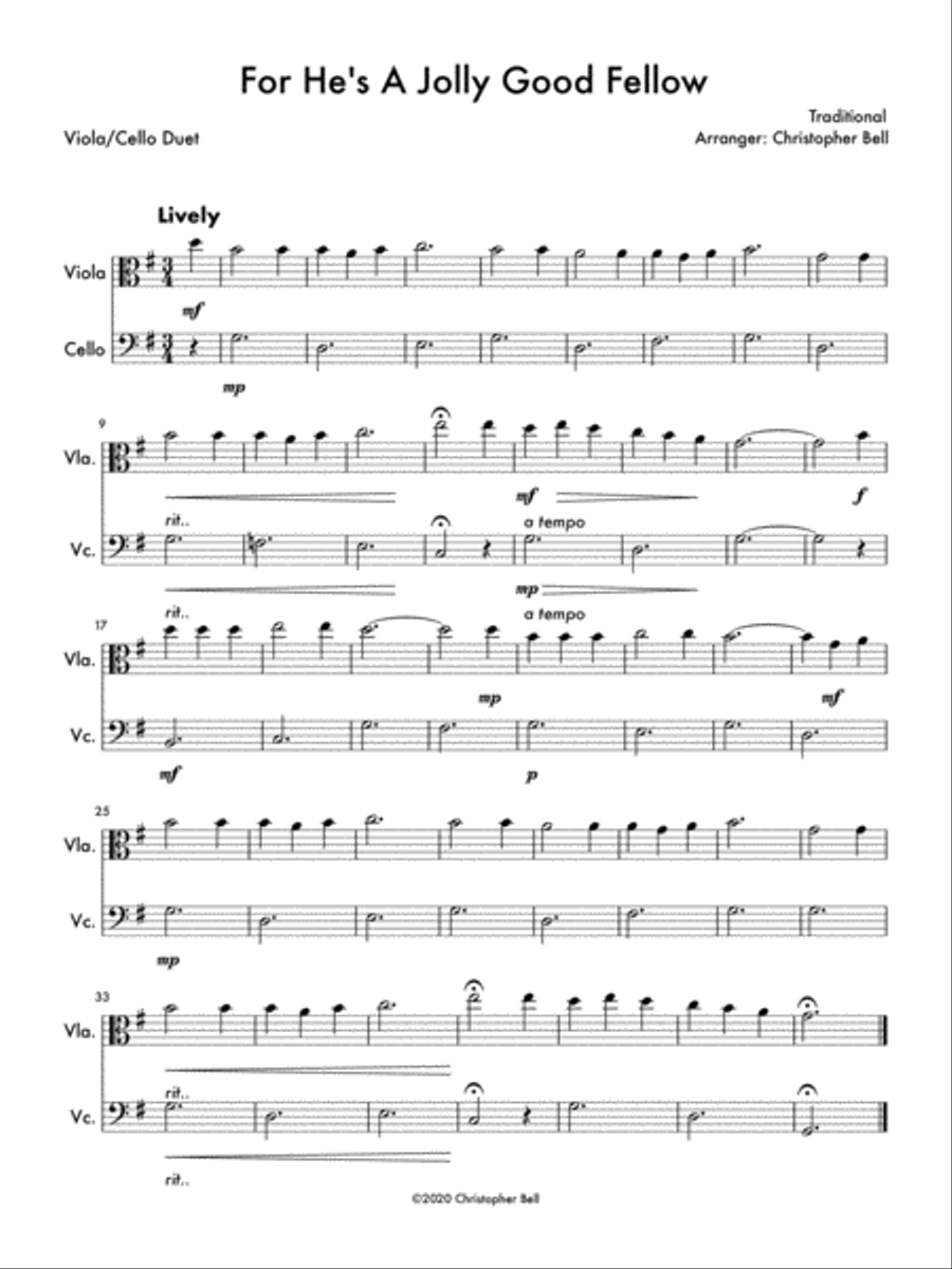 For He's A Jolly Good Fellow (Viola/Cello Duet) String Duet scores gallery preview page 1