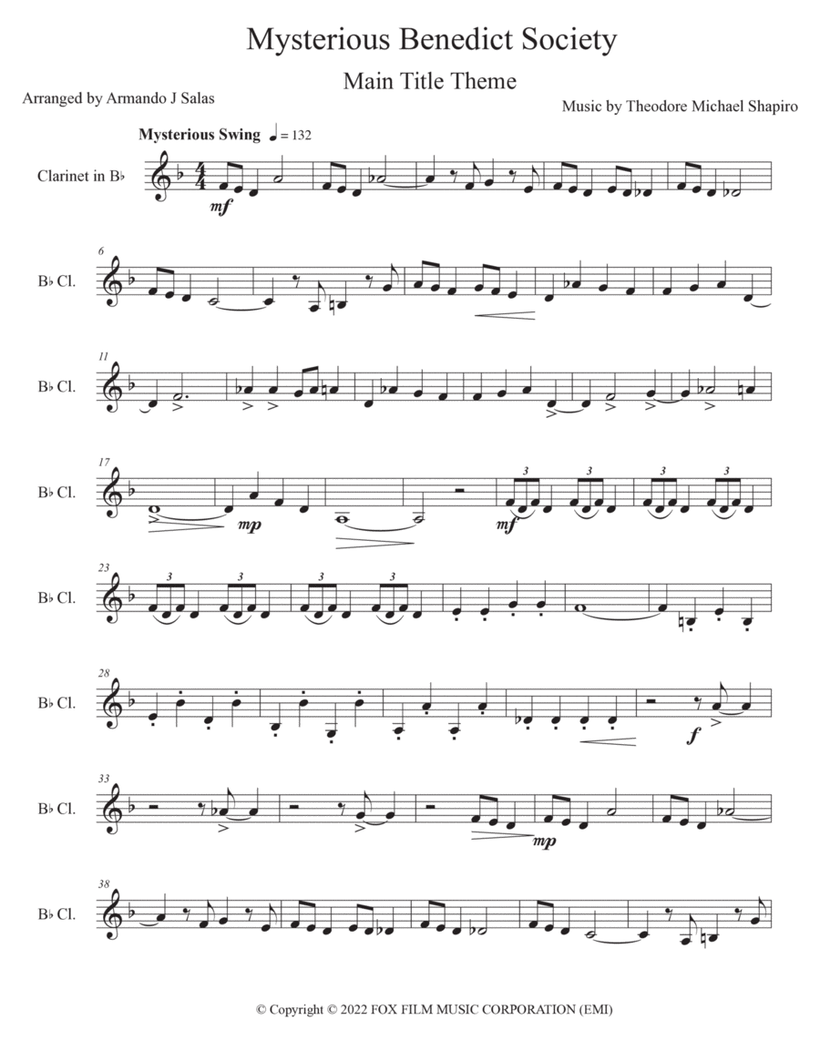 The Mysterious Benedict Society Main Title Theme B-Flat Clarinet scores gallery preview page 1