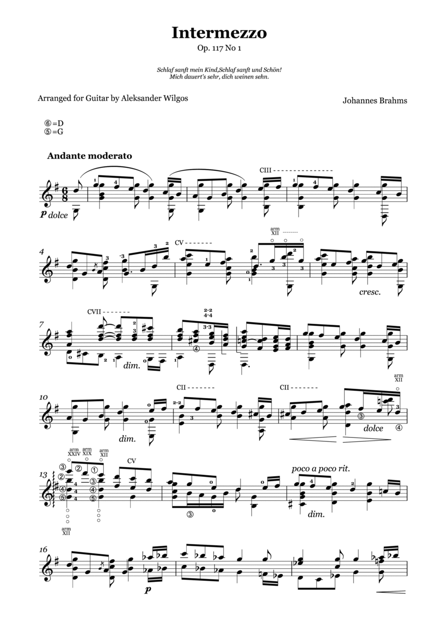 Johannes Brahms - Intermezzo Op. 117 No. 1, transcr. for guitar Classical Guitar scores gallery preview page 1